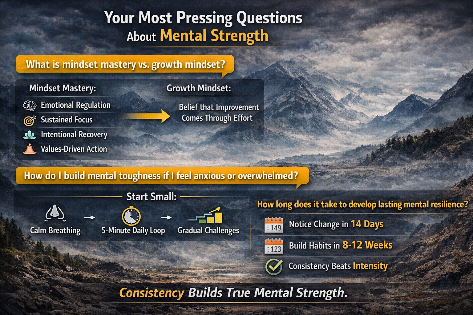 "Mental strength infographic: mindset mastery, resilience tips, focus, calm, and emotional regulation strategies.